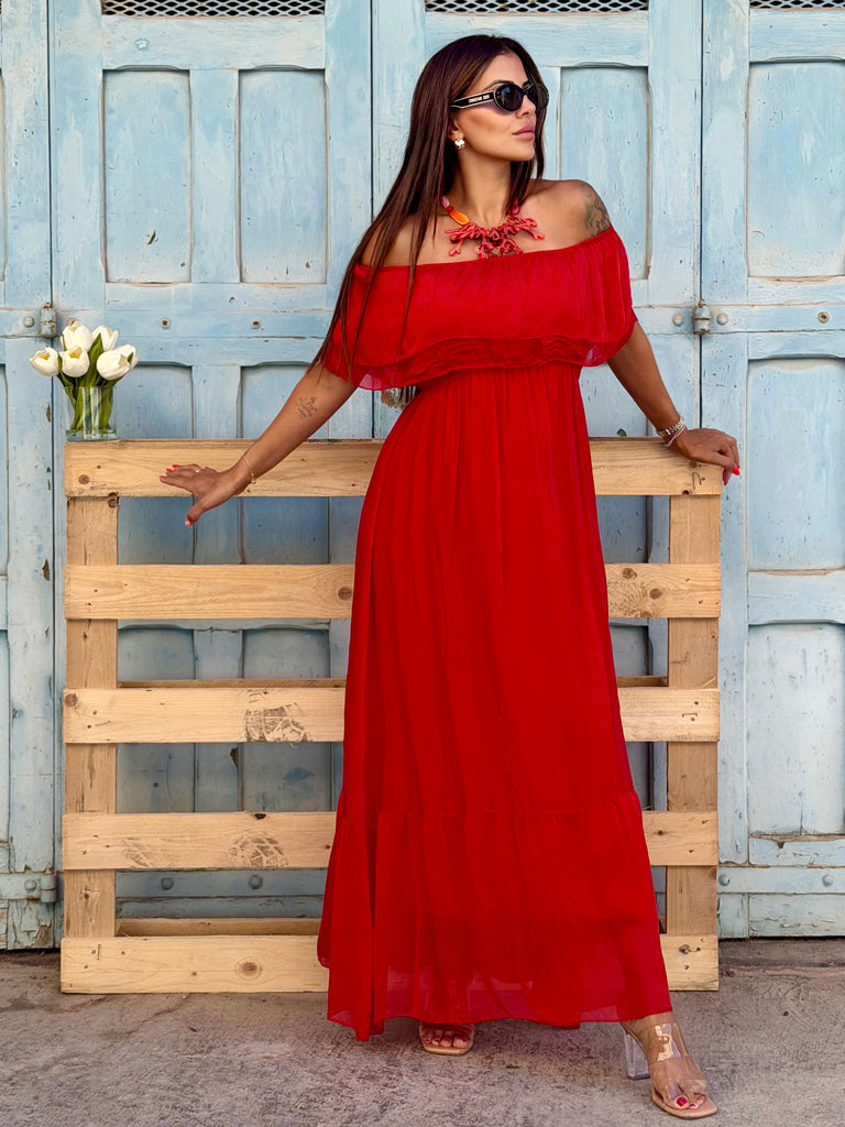 Dolce Vita Pure Silk Off-Shoulder Maxi Dress - Rosso