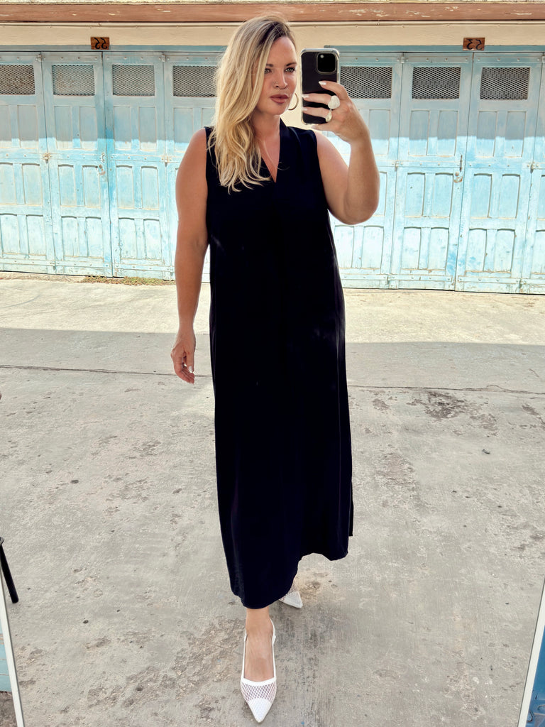 Navy V neck Drop Dress