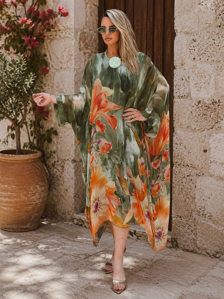 Olive Hibiscus Pure Silk Kaftan Dress