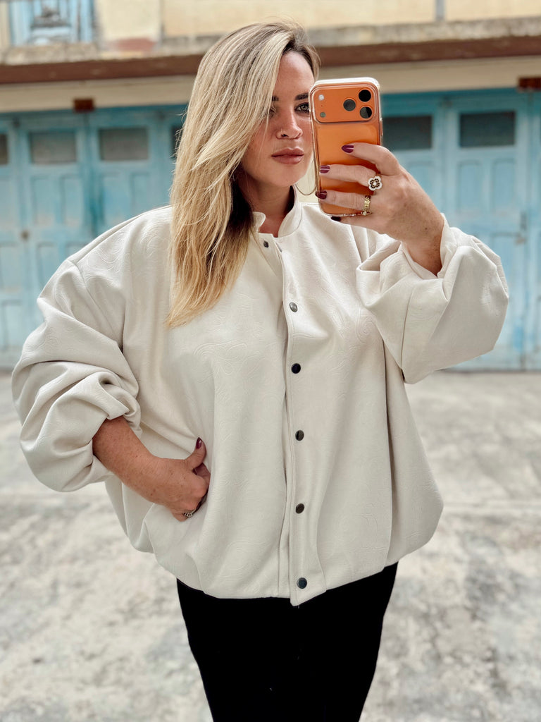 Ivory Suede Embossed Bomber Jacket
