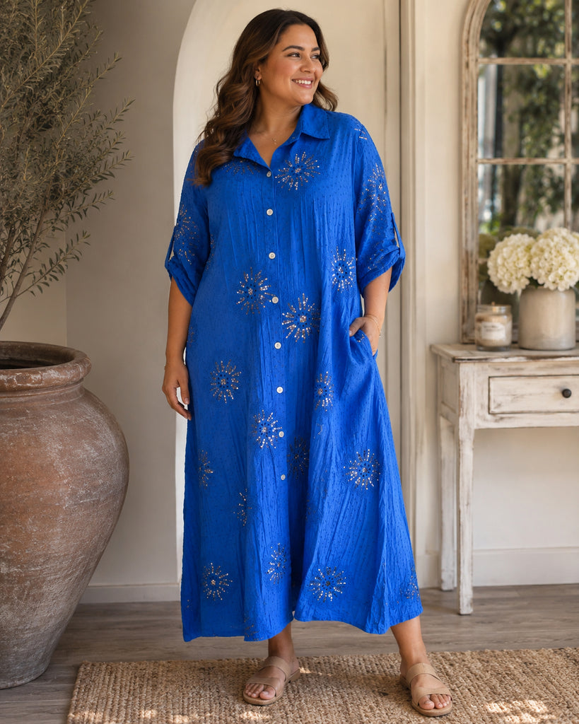 The Marabella Broderie Sequins Cotton Maxi Shirt Dress
