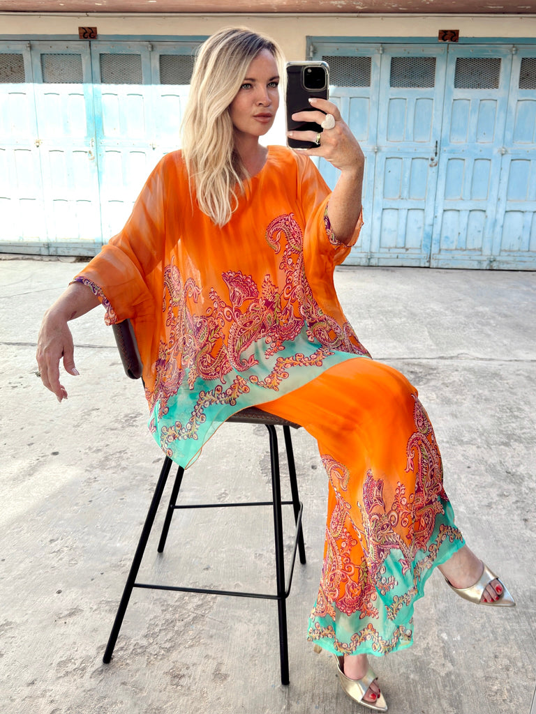 Orange and Acqua Silk Set