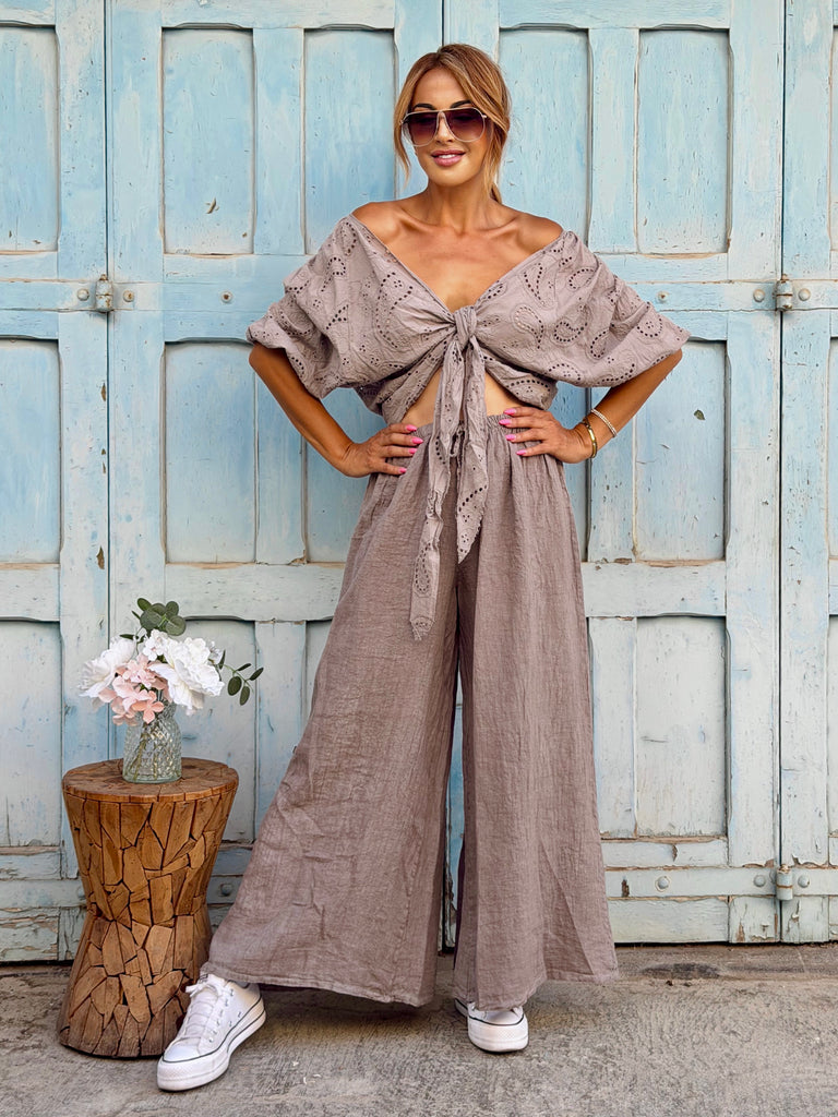 Maison Broderie Pure Linen Co-Ord - Taupe