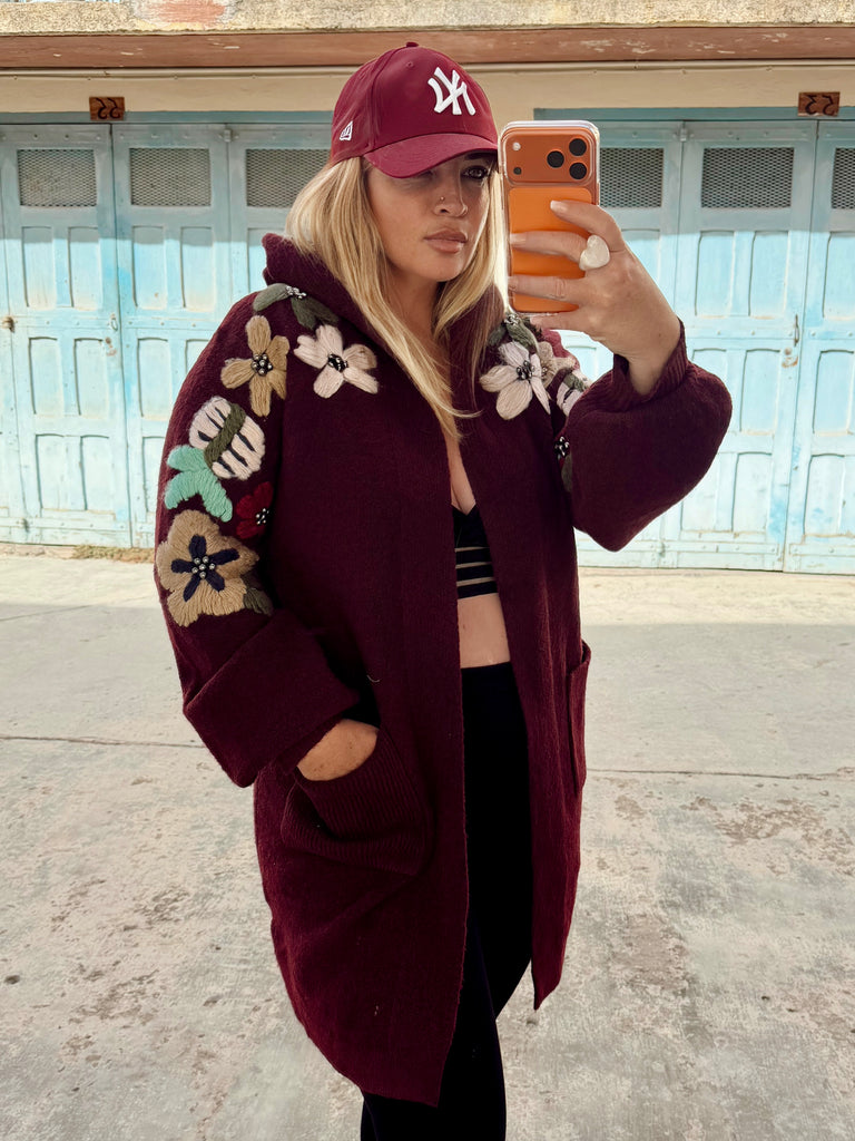 Bordeaux Floral Knit Hoodie Cardi