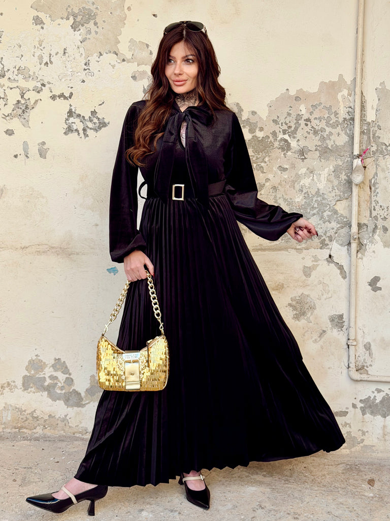 Black Velvet Pleat Dress