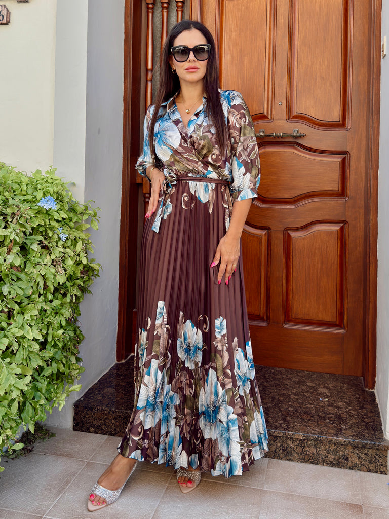 Mocha and Blue Pleated Dress