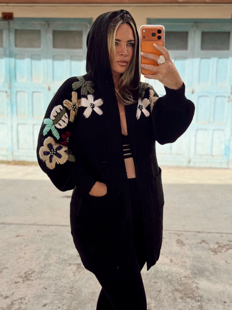 Black Floral Knit Hoodie Cardi