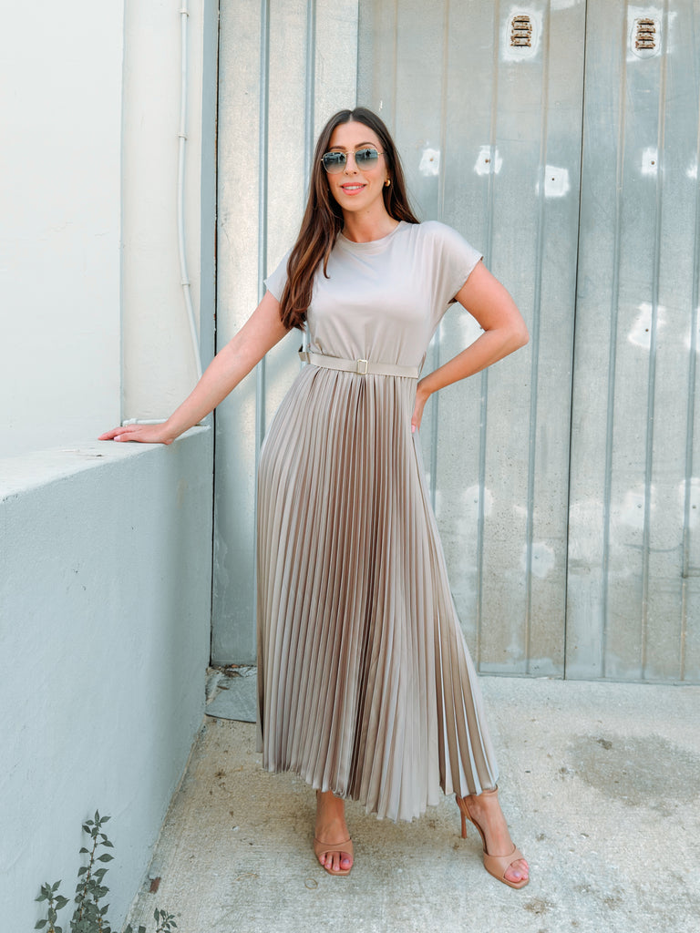 Ivory Pleated Belted Dress