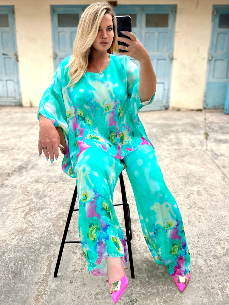 Acqua Fucshia Bloom Silk Kaftan Co-ord Set