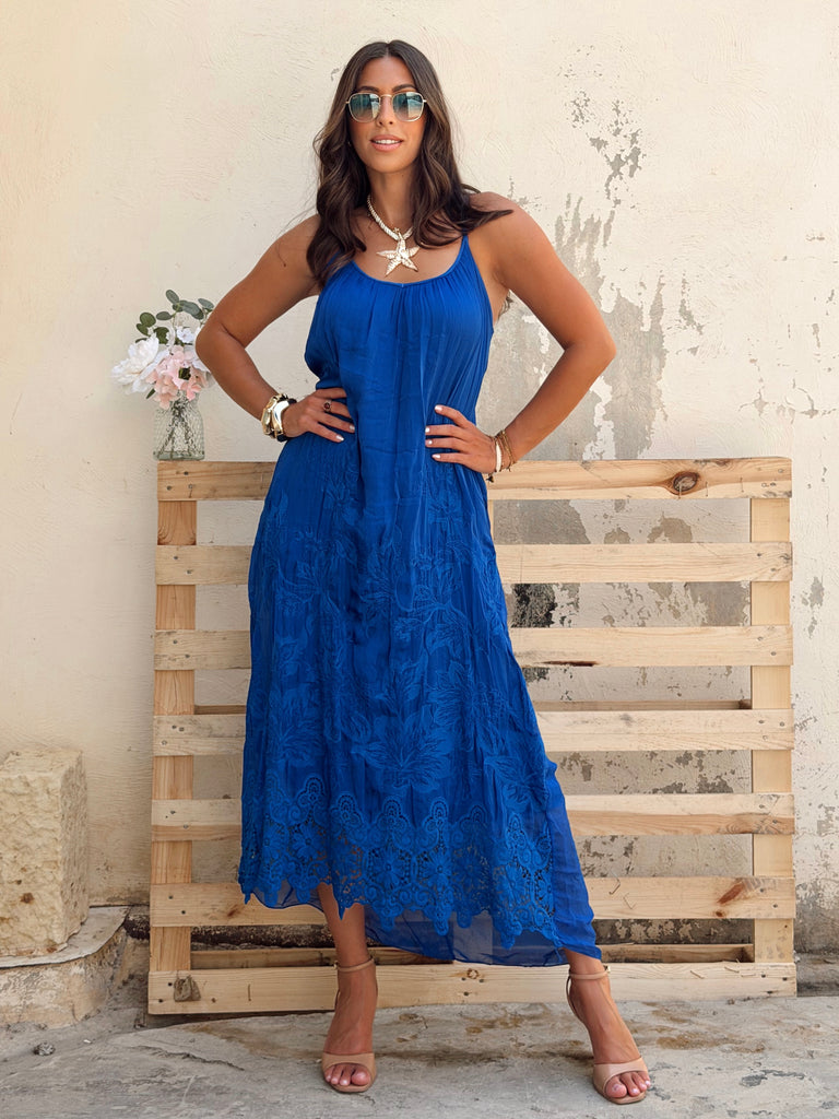 Azure Pure Silk Broderie Maxi Dress