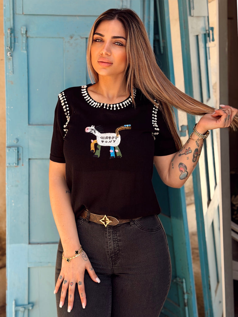 Dolce Pony Embellished Tee - Black