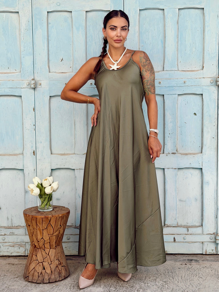The Valentina Silky Satin Maxi Dress - Olive