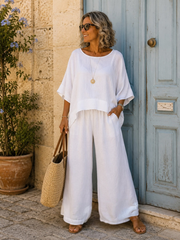 White Riviera Linen & Silk Trim Co-Ord