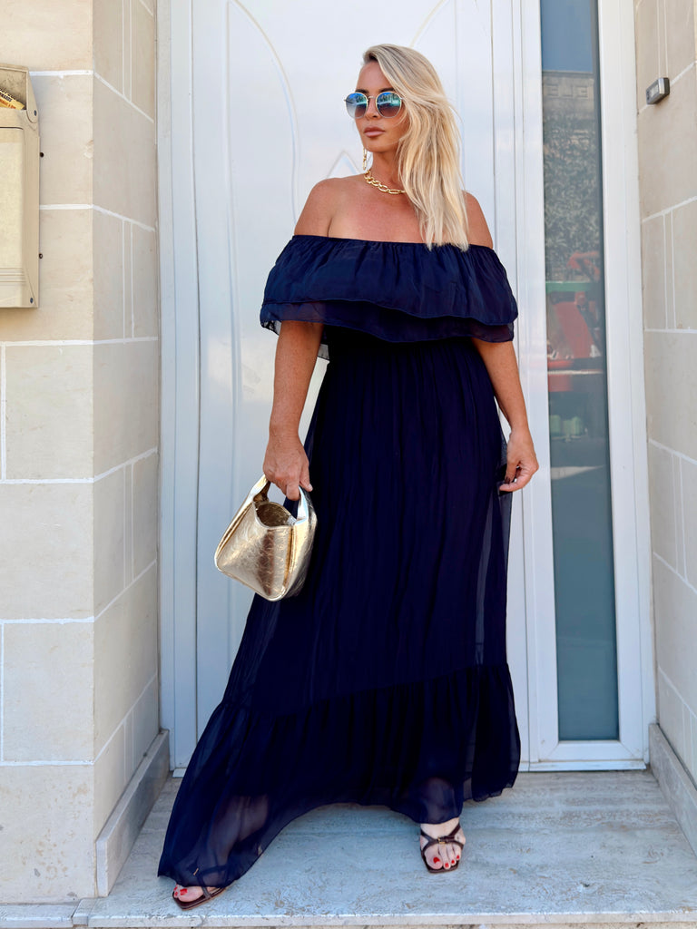 Navy Blue Off Shoulder Silk Dress
