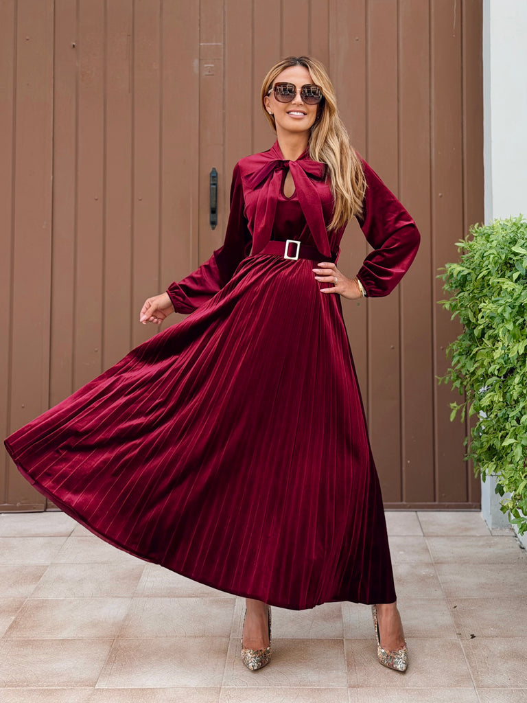 Ruby Velvet Pleated Dress
