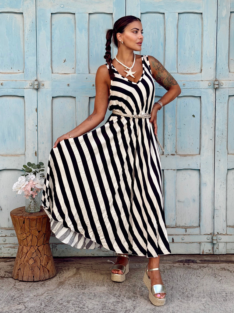 Monochrome Stripe Viscose Maxi Dress - Black and White