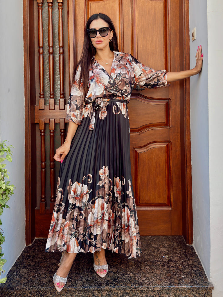 Black and Taupe Pleated Dress