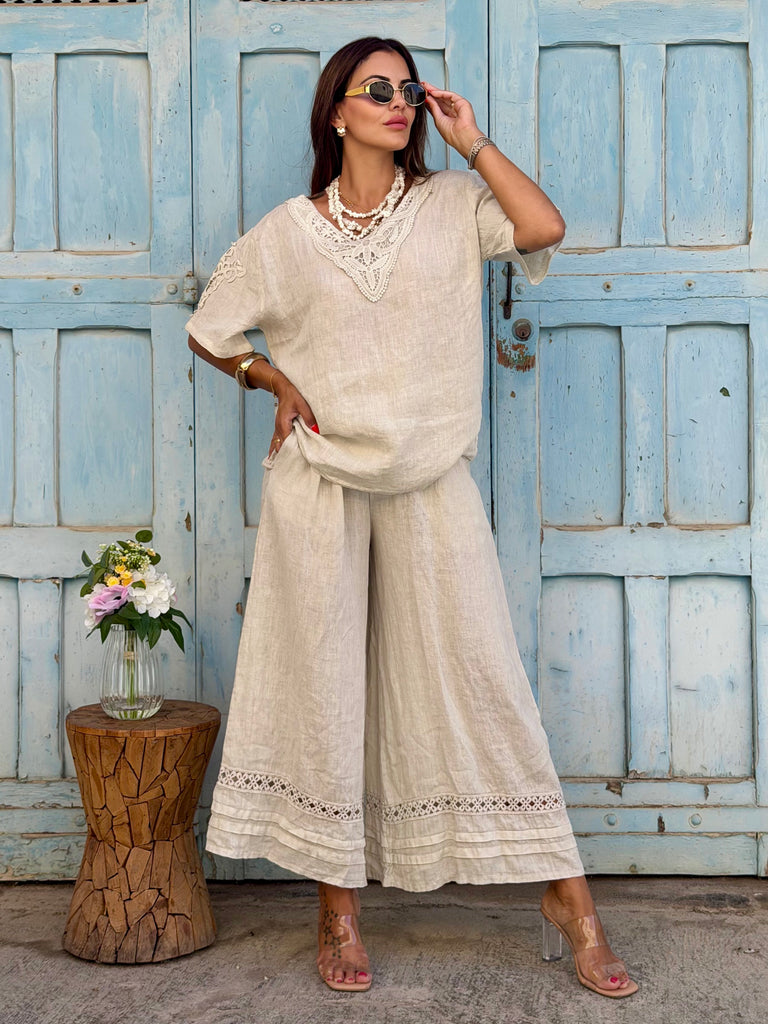 Beige Crochet Pie Linen Co-Ord Set