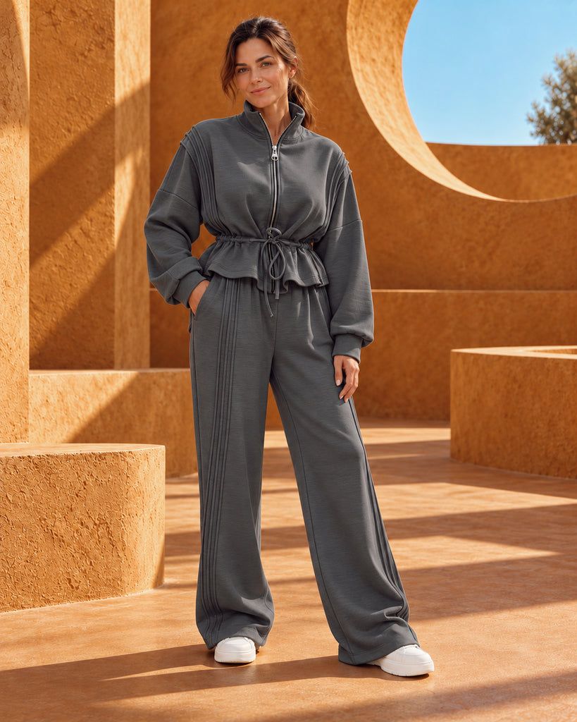 Valenne Drawstring Oversized Wide-Leg Tracksuit - Charchoal Grey