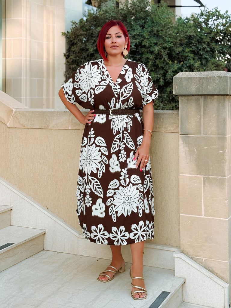Mocha Mandala V neck Dress