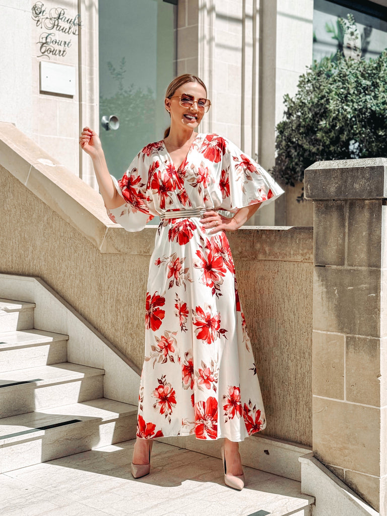 Red Bloom Satin Maxi Dress