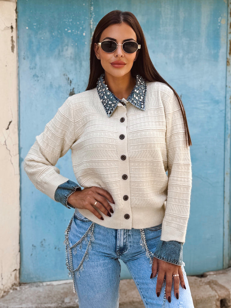 Maëline Embellished Denim Collar Cardigan - Cream