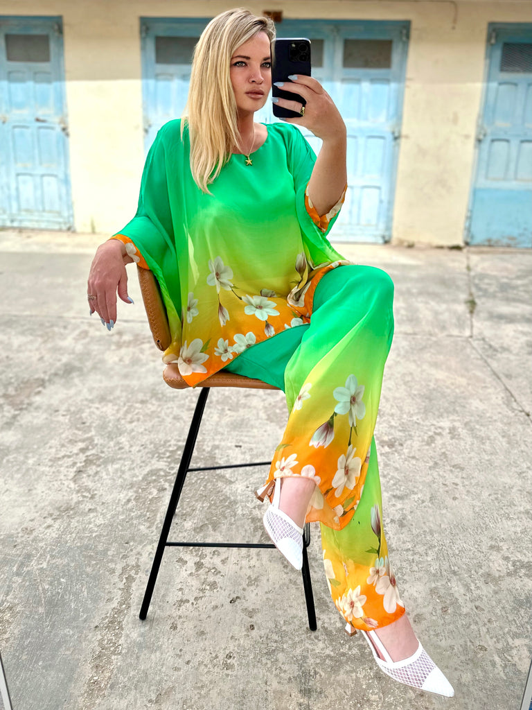 Lime and Orange Lotus Silk Kaftan Co-ord Set
