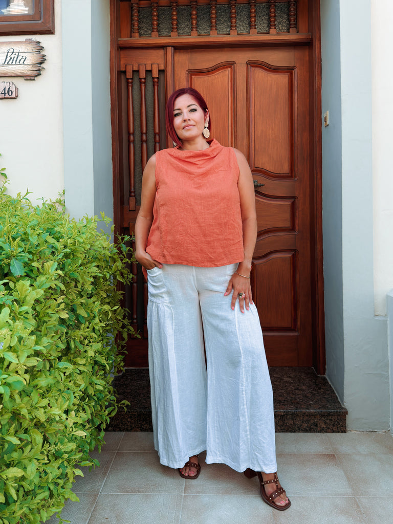 Burnt Orange Pure Linen Cowl neck top