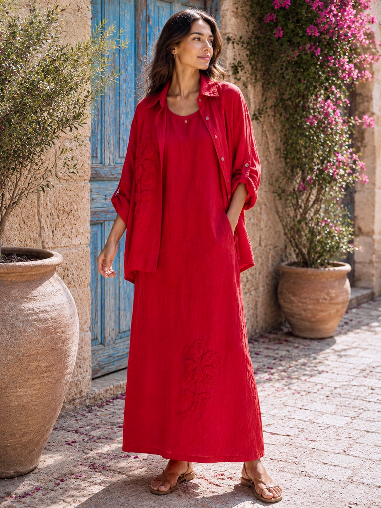 The Rosso Bellissima Pure Linen & Crochet Dress & Shirt Set