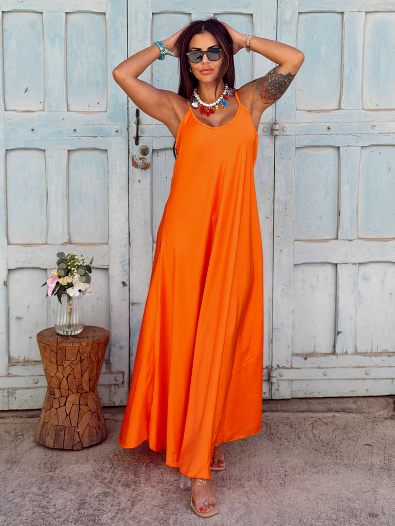 Tangerine Soleil Silk Satin Maxi Dress