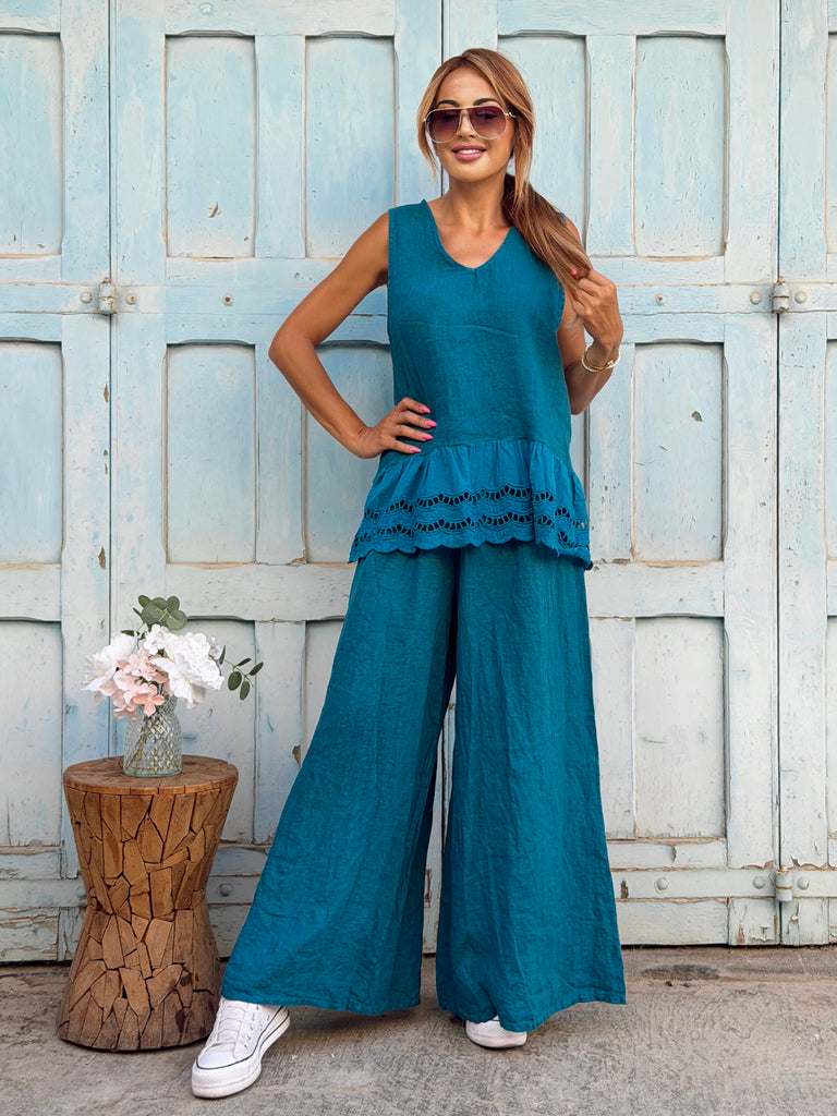 Petrol Belle Pure Linen Broderie Co-Ord