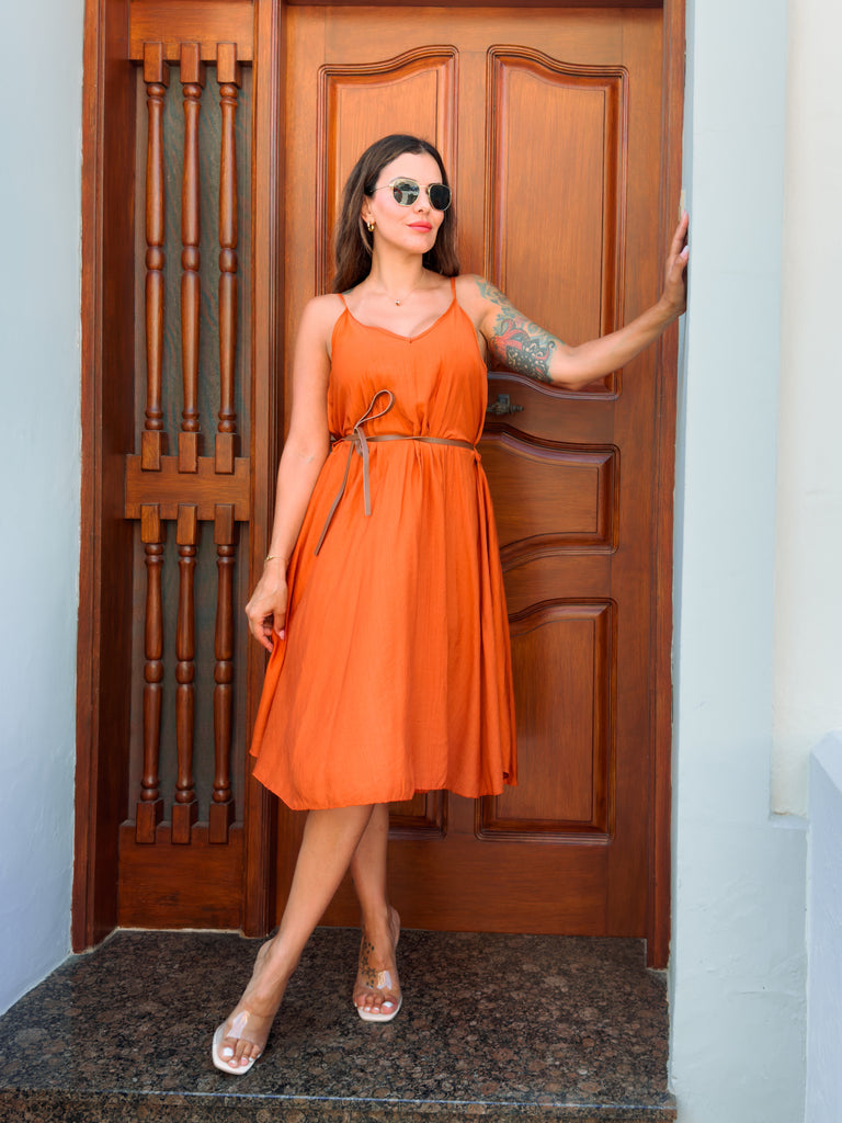 Burnt Orange Strappy Midi Dress