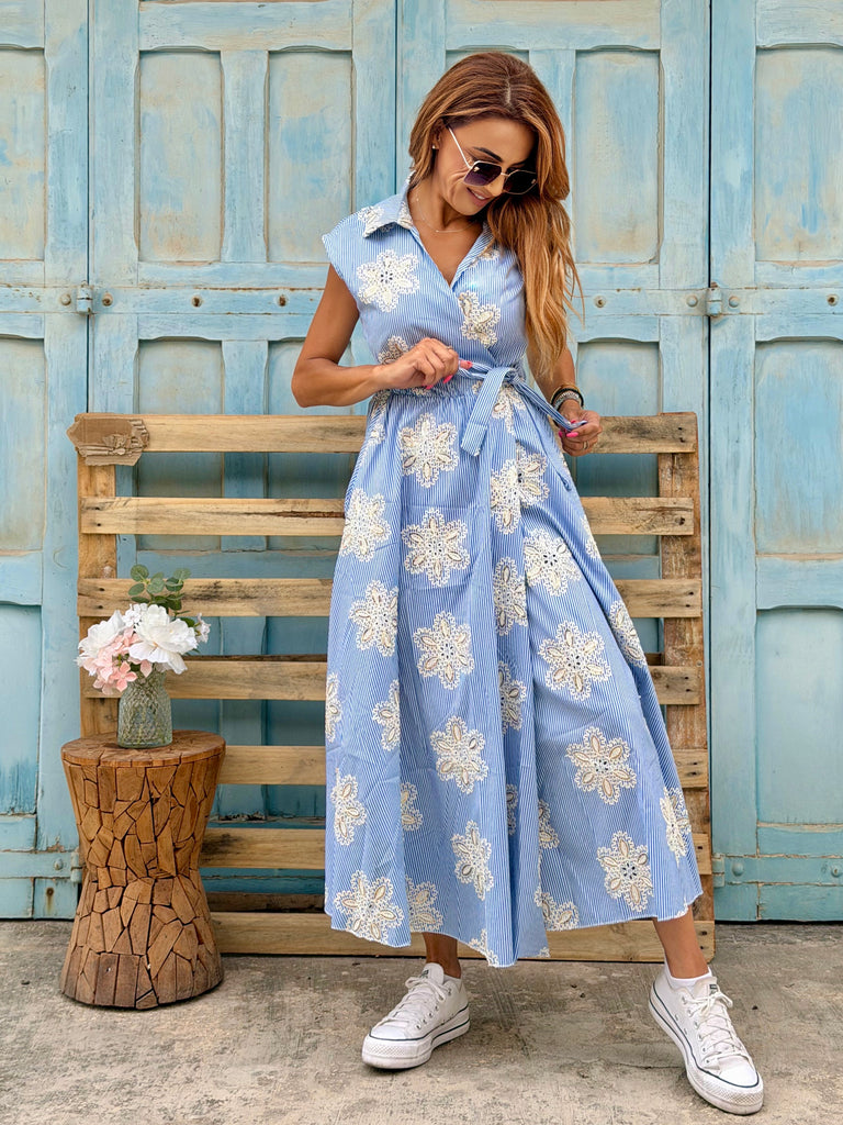 Azure Pinstriped Embroidered Étoile Wrap Dress