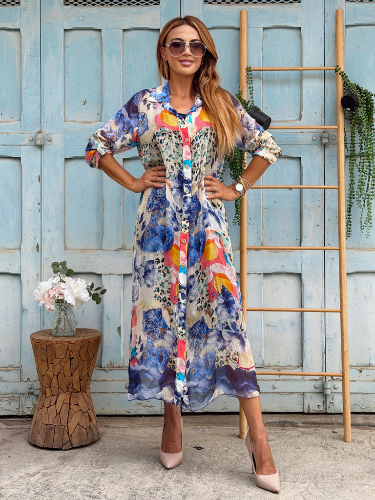 Maison Azure Bloom Pure Silk Shirt Dress