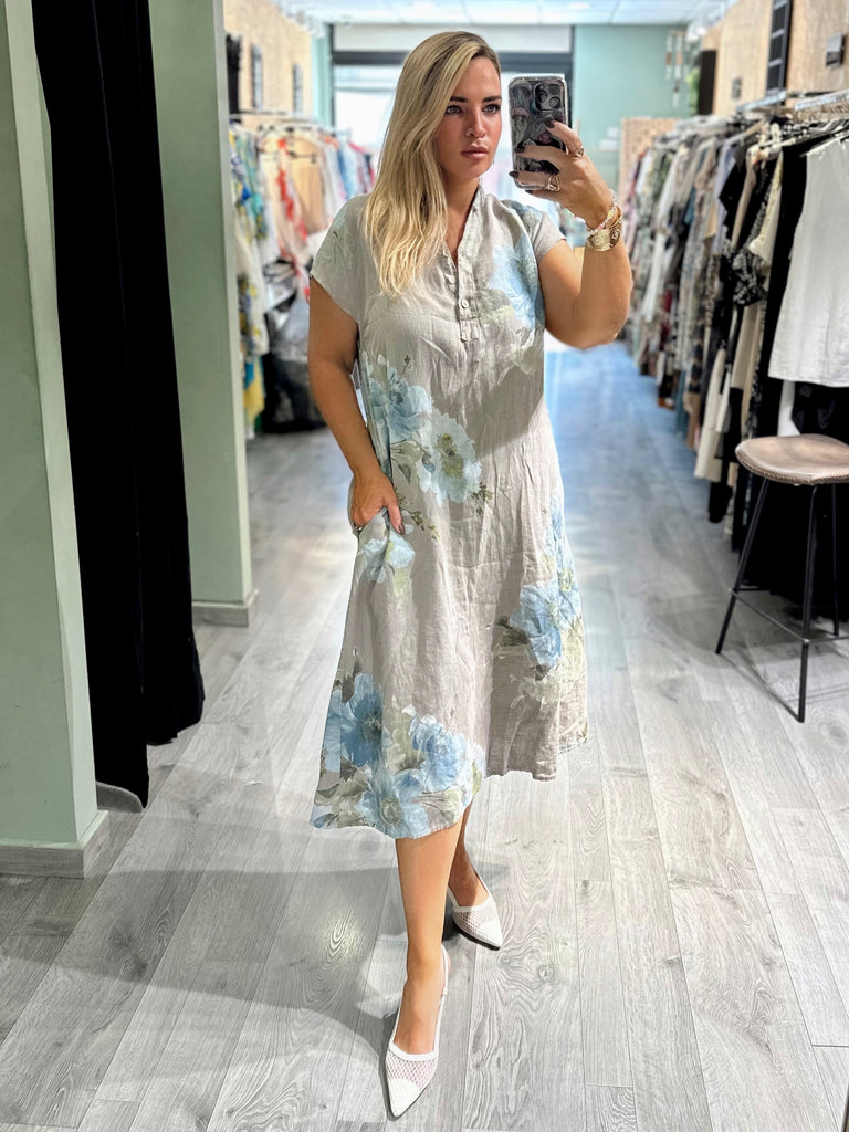 Stone Floral Pure Linen Dress