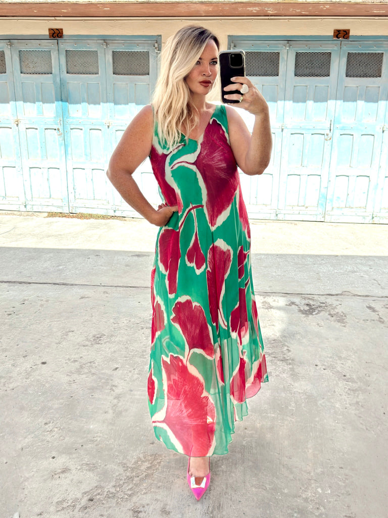 Emerald and Fuchsia Watercolour Dress