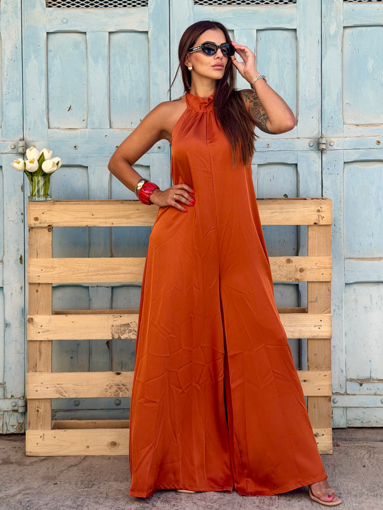 Solenne Luxe Halter Jumpsuit - Burnt Orange