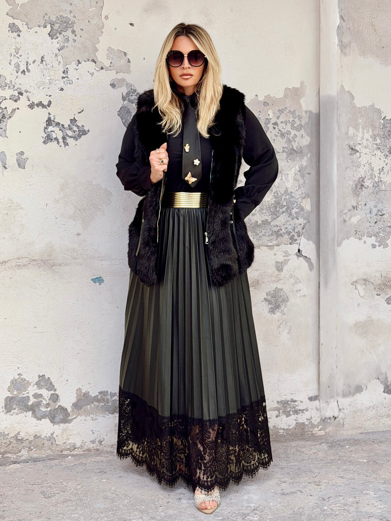 Leather and Lace Pleated Skirt