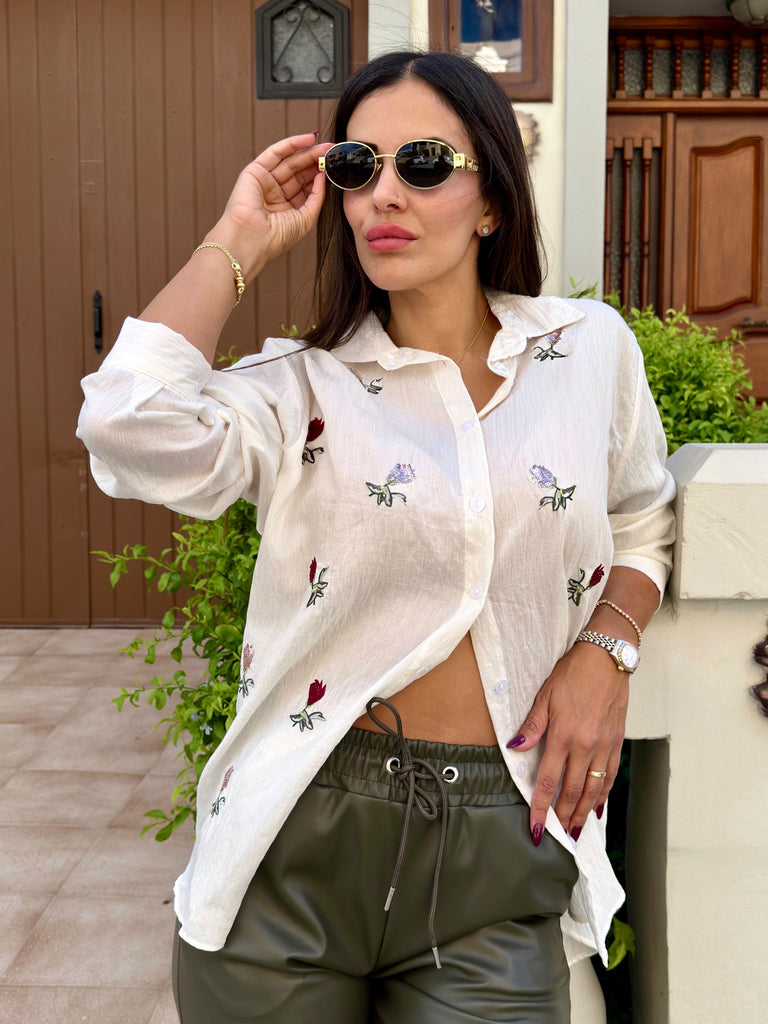 Isla Floral Embroidered Shirt - White