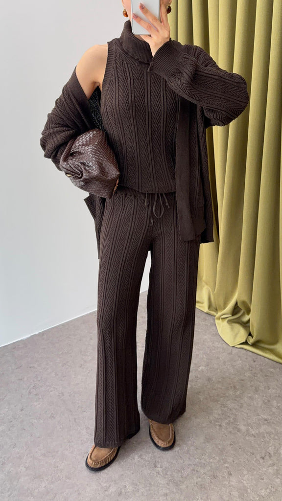 Cocoa Herringbone Knit Trio