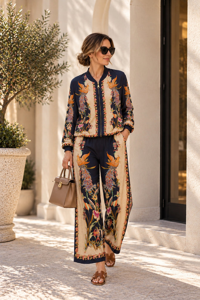 The Majorelle Phoenix Bomber Luxe Co-Ord - Navy - Luce Collection