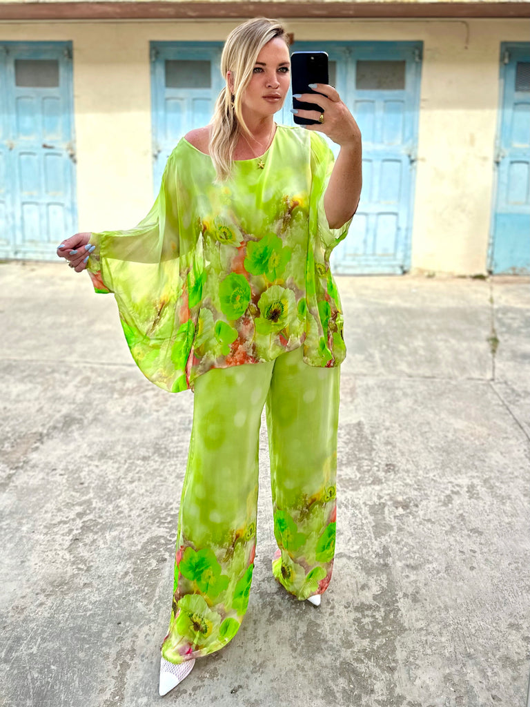 Lime Flora Silk Kaftan Co-ord Set