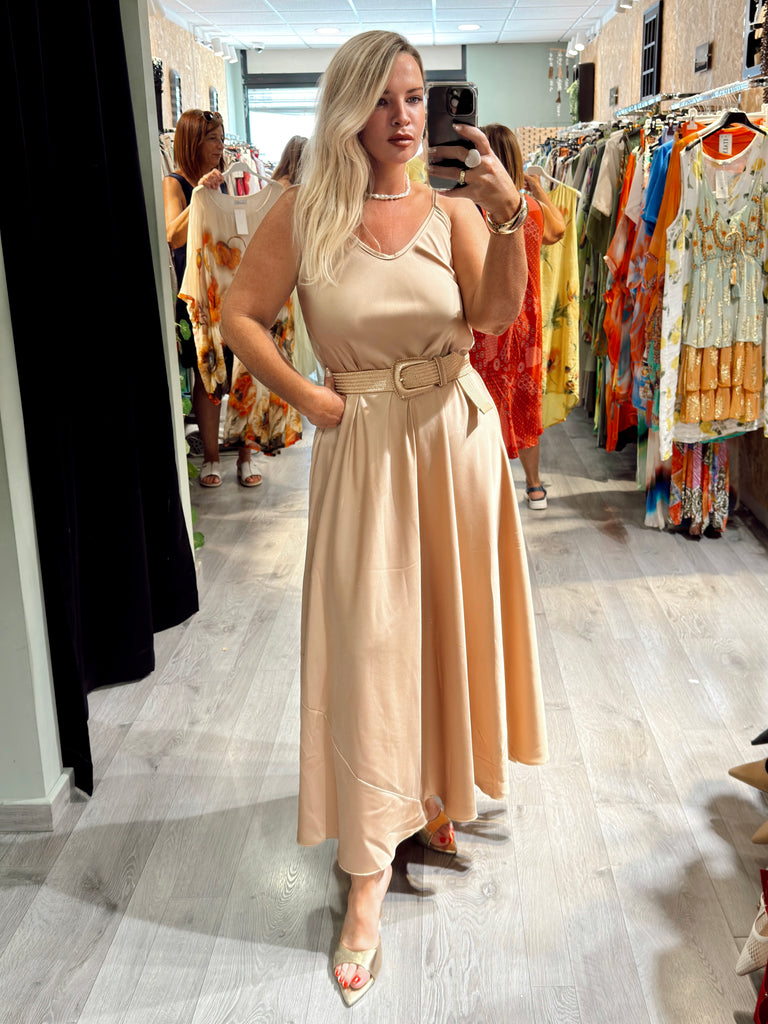 Gold Silky Satin Strappy Dress