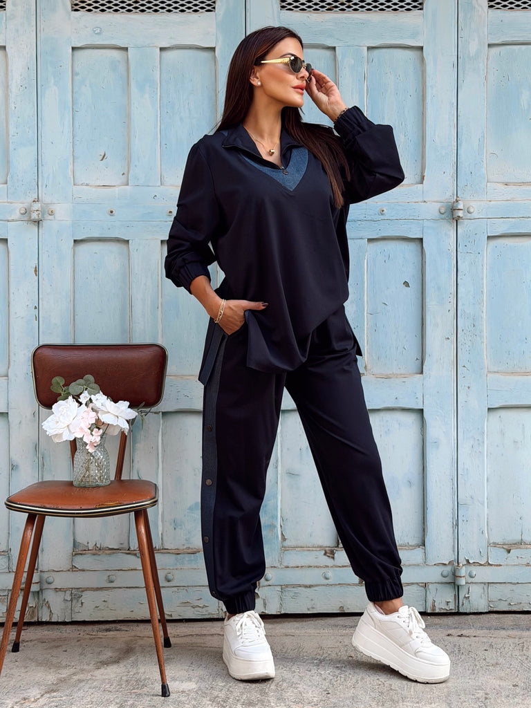 The Vendôme Denim Look Contrast Tracksuit - Plus Size