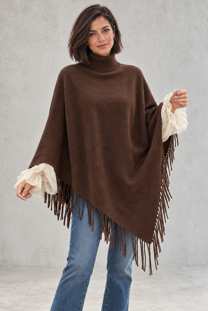 Maëlle Fringed Knit Poncho - Dark Brown