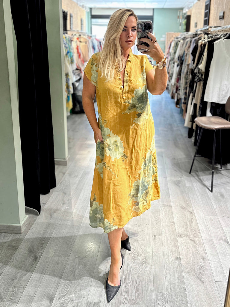Mustard Floral Linen Dress