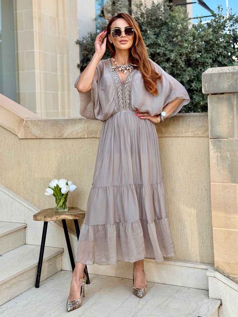 Desert Taupe Pearl Silk Dress