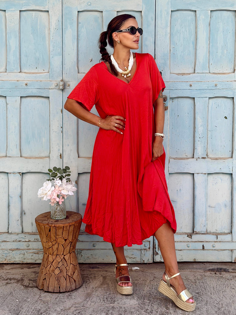Serena Viscose Swing Dress - Red