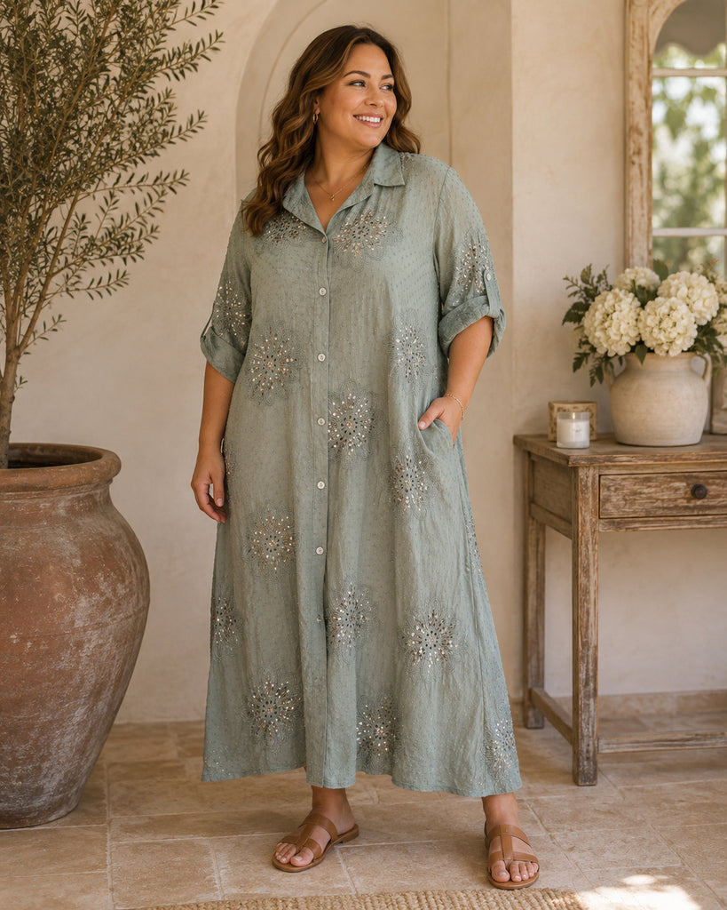 The Marabella Broderie Sequins Cotton Maxi Shirt Dress