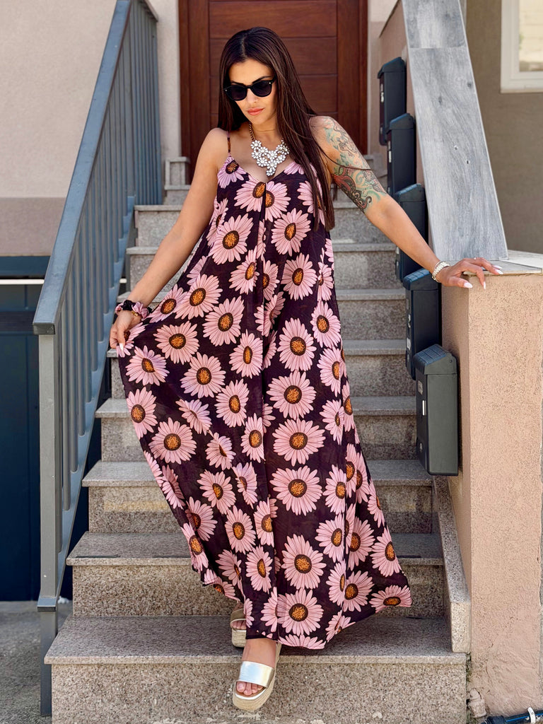 Mocha and Pink Daisy Muse Maxi Dress & matching hair scrunchy